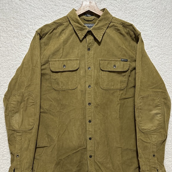 Eddie Bauer Tan Shirt Mens L Large TL Heavy Corduroy Elbow Patch Classic Fit - Picture 6 of 14